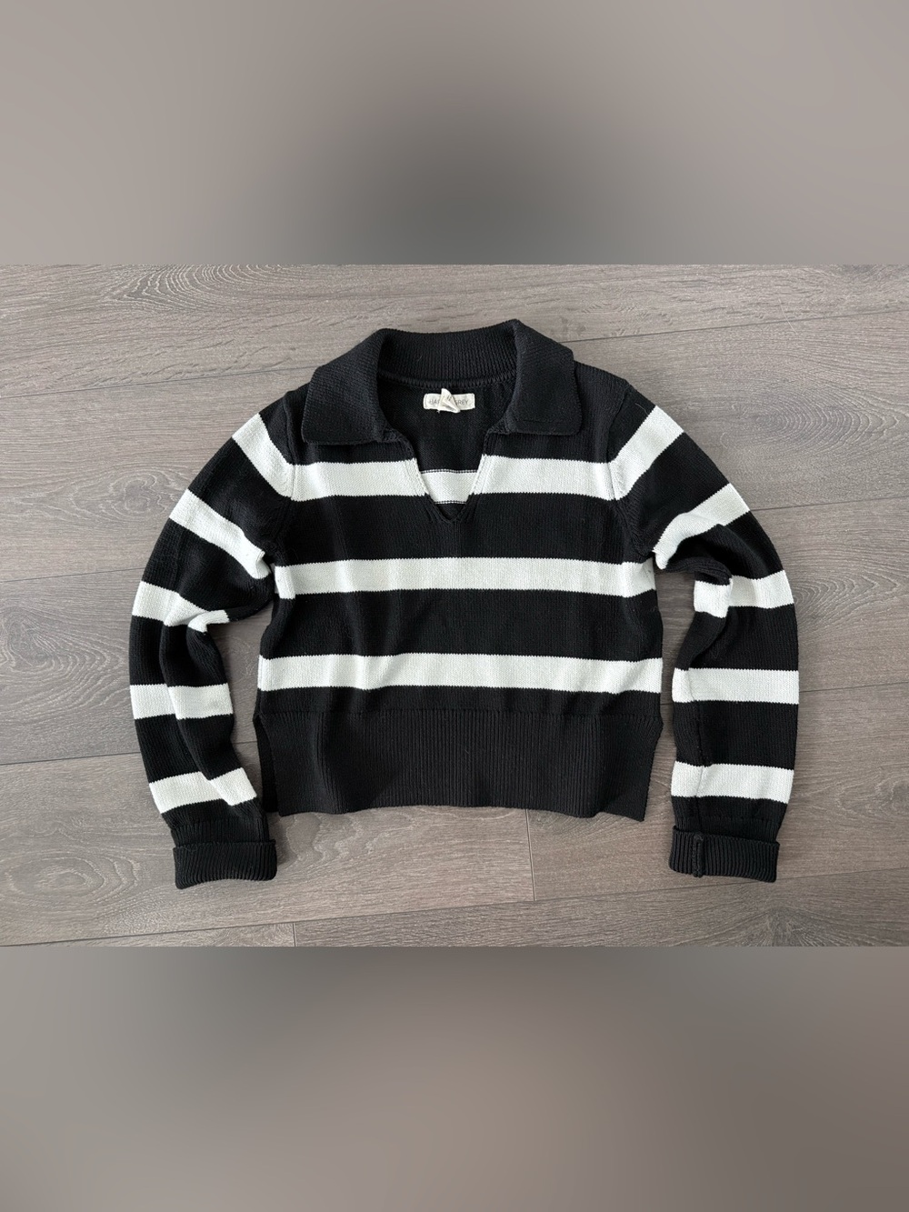Black & White Striped Collared Women's Sweater Happily Grey Small Shirt top
